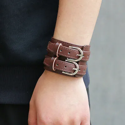 Men Adjustable Genuine Leather Bracelet Punk Wide Wrist Belt Wrap Cuff Wristband • $6.89