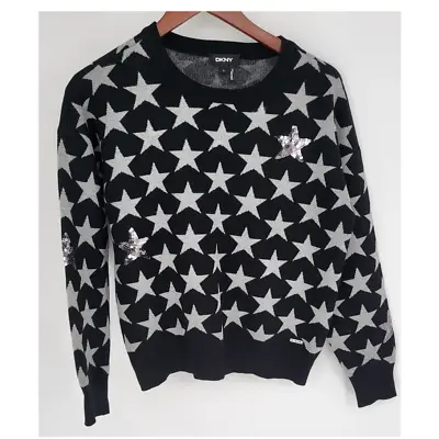 DKNY Star Silver Black Crewneck Sweater Metallic Sequin Accent Women's M • $24.90