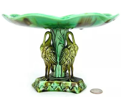 Antique Majolica Pond Lily Waterlily Compote Storks Herons Comport 9  Diameter • $149.99