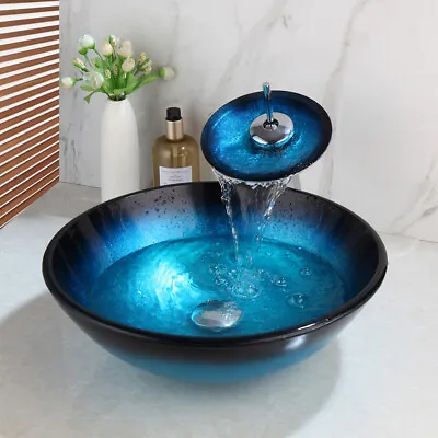 Blue Bathroom Glass Vessel Sink Round Black Basin Bowl Combo Mixer Tap Drain Set • £145
