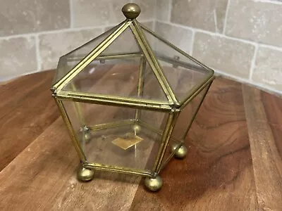Vintage Mid Century Brass 5 Sided Glass Pentagon Domed Lidded Jewelry Box (17C) • $32.49