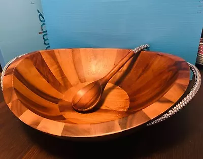 NAMBE BRAID ACACIA WOOD 20  X 16  OVAL SALAD SERVING BOWL WITH SERVER SET NEW • £151.89