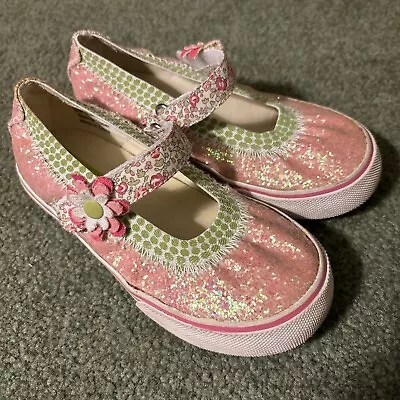 Morgan & Milo Shoes Pink Sparkle Green Dot Floral Canvas Mary Jane Girls Sz 11.5 • $19.97