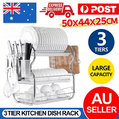 3 Tier Kitchen Dish Rack Plate Cup Drying Drainer Tray Cutlery Holder Storage AU • $26.95