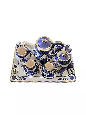 Mini Teaset -  Miniature Teaset Blue Bow Design With Flowers • $29