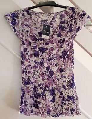Purple Floral Print Top With Ruching And Capped Sleeves By Mackays - UK 10. • £4.99