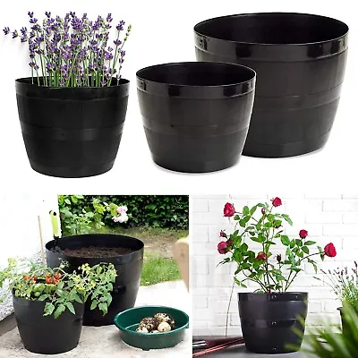 Black Barrel Planter Round Plastic Tub Garden Patio Flower Planter Plant Pot • £6.85