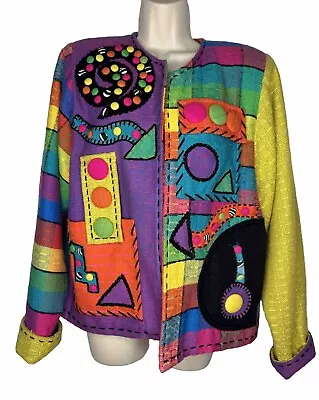 CRYSTAL 80s Handwoven ART TO WEAR Vintage Embroidered Button Appliqué Blazer S • $125