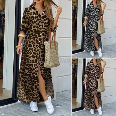Womens Shirt Dress Long Sleeve Dress Leopard Asymmetric Hem Maxi Dress Plus Size • $26.22