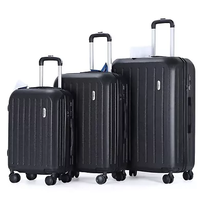 Set Of 3 Black Travel Suitcase Luggage Bag Built In TSA Lock Trolley ABS 4 Wheel • £79.99