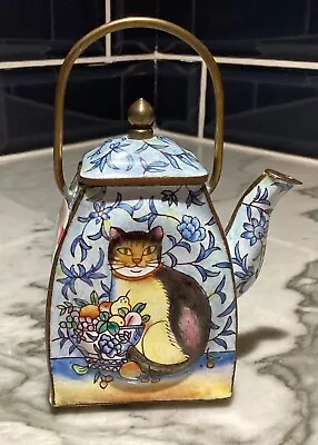 Miniature TEAPOT Enameled Copper Hand Painted CAT Empress Art • $25