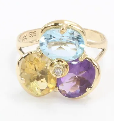 14k Yellow Gold Blue Topez Amethyst Citrine Birthstone Diamond Ladies Ring Sz 8 • $345