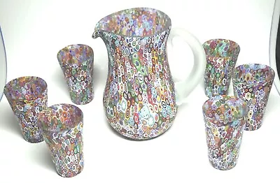 Murano Millefiori Handblown Fratelli Toso Glass Water Pitcher & 6 Glasses Italy • $625.99