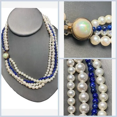 Vintage Glass White Pearl Real Lapis Lazuli Necklace 16” • $32