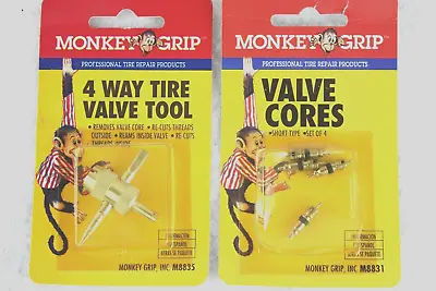 Monkey Grip 4 Way Tire Valve Tool & Set Of 4 Short Type Valve Cores M8835/M8831 • $8.73