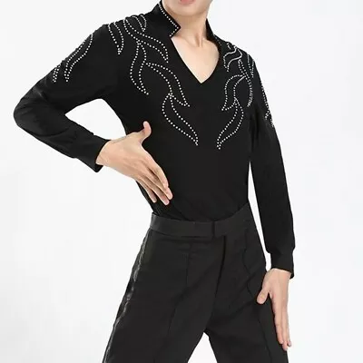 Men Latin Salsa Dance Skating Clothing Costume Long Sleeve Stretch Top Shirt SPW • £42.72