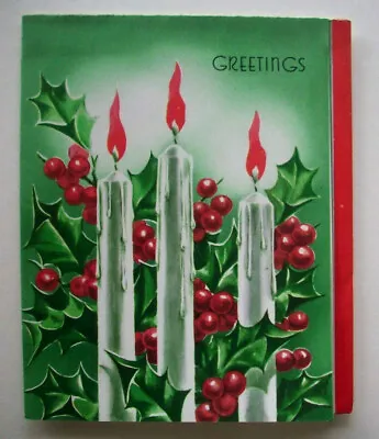 50's Trio White Candles Holly W Berries Vintage Christmas Greeting Card *E10 • $6.99