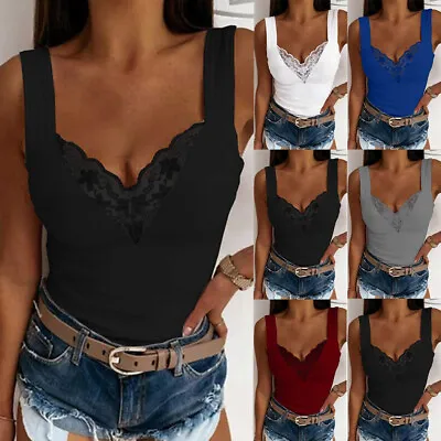 £5.99 • Buy Plus Size Womens Lace Tank Tops V Neck Summer Cami Vest Slim Fit Clubwear Tee