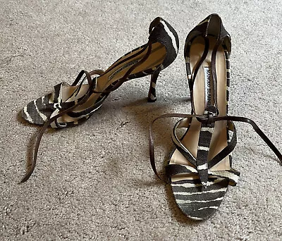 Manolo Blahnik Canvas Fabric Zebra Print Venusa Sandals Shoes Heels Sz. 40 (10) • $129.99