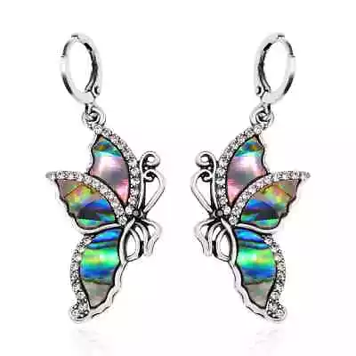 Gorgeous Earrings Silvertone Abalone Shell Crystal Drop Dangle Butterfly Beach • $15.67