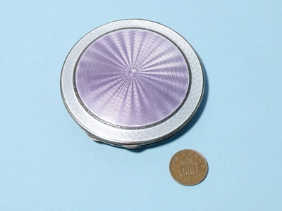 £120 • Buy 1934 Sterling Silver White & Purple Guilloche Enamel Powder Mirror Compact A/f
