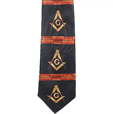 Masonic Neck Tie - Black Background Polyester Long Tie Bricks Square And Compass • $17.99