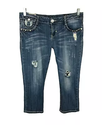 LA IDOL Jeans  Womens 11  Distressed Lowrise Crop Embellished Wings Flap Pockets • $19.44