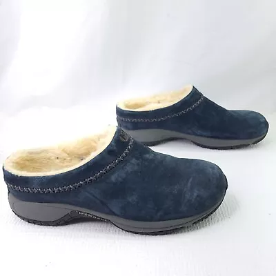 Merrell Encore Ice Slippers Blue Suede Slip On Faux Fur Lined Shoes Size 10 • $28.49