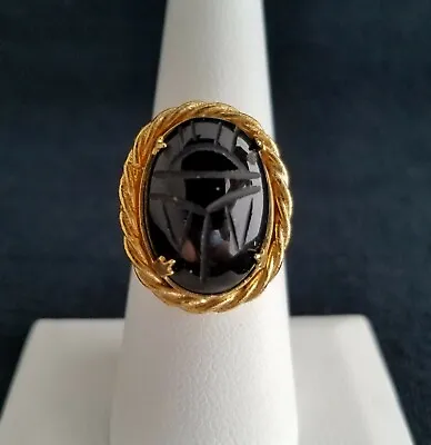 Vintage SCARAB RING Genuine Stone BLACK ONYX Egyptian Style Jewelry Scarabs • $17