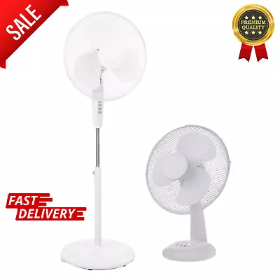 White 16'' Pedestal Fan 16 Inch Desk 3 Speed Floor Standing Cool Air Oscillating • £22.49