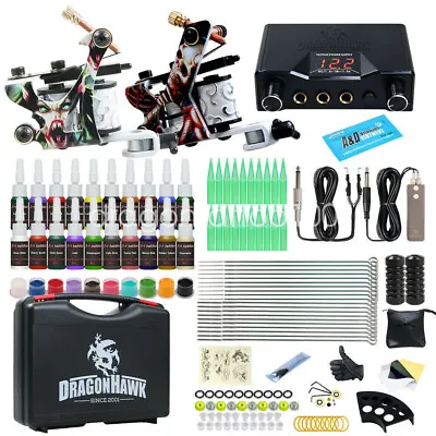 Beginner Tattoo Kit Set 2 Machine Gun Color Ink Power Supply Needle Grip Tip Box • $39.99