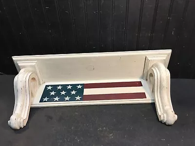 Vintage 26in X 6in Wood Wall Shelf With American Flag Painted Shabby White • $67.49
