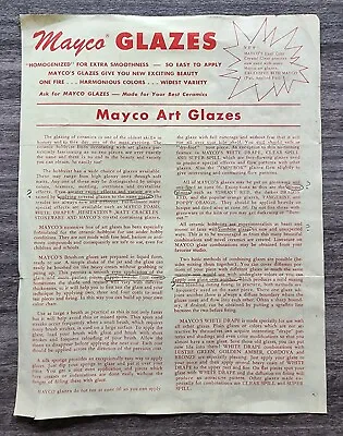 Vintage Mayco Glazes Sell Sheet 1960's Ad Advertisement Art Ceramic • $14.99