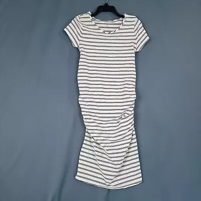 Isabel Maternity Dress Midi Short Sleeve Ruched Side White Black Stripe Size S • $12.99