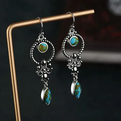 Elegant Boho Drop Earrings Vintage 925 Silver Plated Blue Jewelry Lab-Created • $3.55