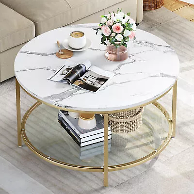 Round Coffee Table Faux Marble Top With Glass Shelf Modern Center Cocktail Table • $76.99