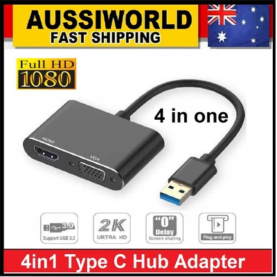 $31.99 • Buy USB-C To HDMI+VGA+USB3.0 Adapter Hub High Speed Data Transfer Speed Up To 5 Gbps