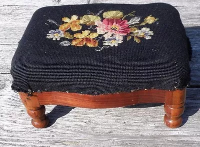 Antique Victorian Foot Stool  Mahogany Floral NEEDLEPOINT Upholstered Wood Frame • $249