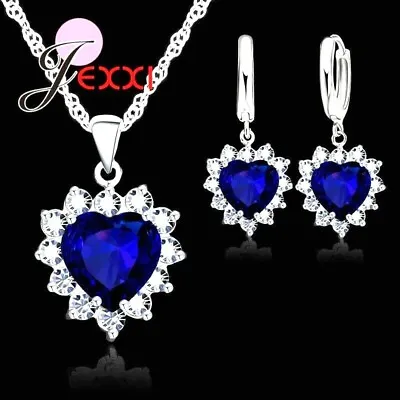 £5.49 • Buy  925 Sterling Silver Dark Navy Blue CZ Heart Crystal Necklace And Earring Set UK