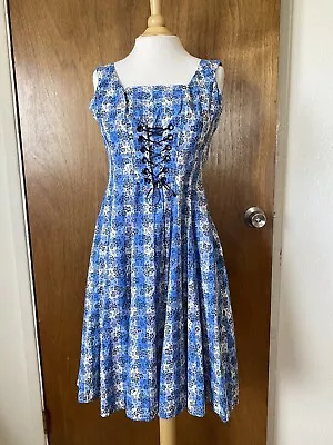 Vintage 60s Corset Tie Dress Handmade XS Small Checkered Floral Pin Up • $40