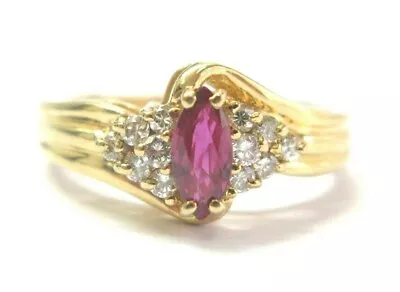 Marquise Shape Ruby & Diamond Ring 14Kt Yellow Gold .65Ct + .25Ct SIZEABLE • $1000