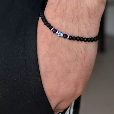 Evil Eye Obsidian Black Bead  Stone Blue Lapis Greek Turkish Stretch Bracelet • $11.90