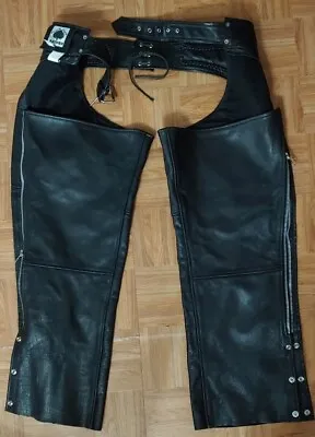 4xl Black Jack Leather Motorcycle Riding Chaps Western Cut Off Pocket Side Zip • $20