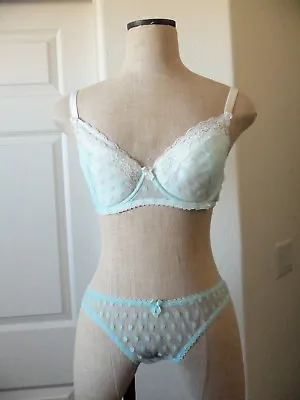 Mimi Holliday HUMMINGBIRD Sky Blue Polka Dot Tulle UW Plunge Bra 32DD & Bikini M • $92