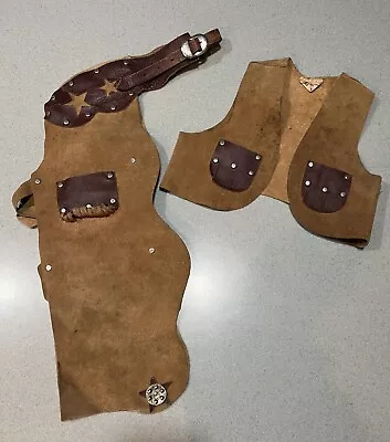 Lasso'em Bill-Vintage Vest & Chaps Child's Cowboy Outfit-Suede/Leather-Sz Medium • $33