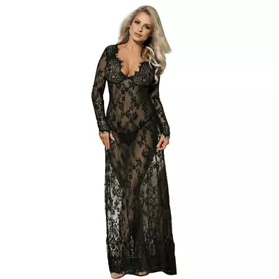 Long Luxury Negligee NIGHTIE Lingerie Lace Plus Size 10 12 14 16 18 Sexy • £25.29