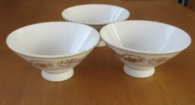 3 X Japanese Rice Bowls - White With Red Floral Design And Grey Bands • £8