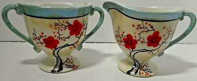 Moriyama Moi-Machi Blue Luster Creamer & Sugar Bowl Orange Flowers Branches  • $28.34