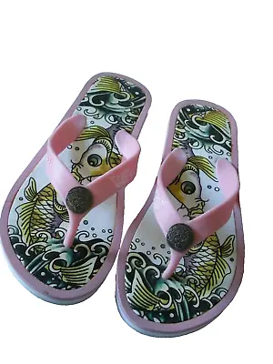 CUTE~!! NIB ED HARDY Pink White Fish Pisces Thongs Sandals Flip Flops SHOES  6M • $39