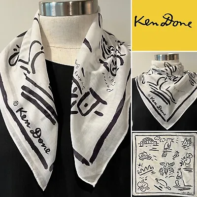 KEN DONE White & Navy Cotton  Australian Icons  Scarf 51cmx51cm Collector's Item • £47.29